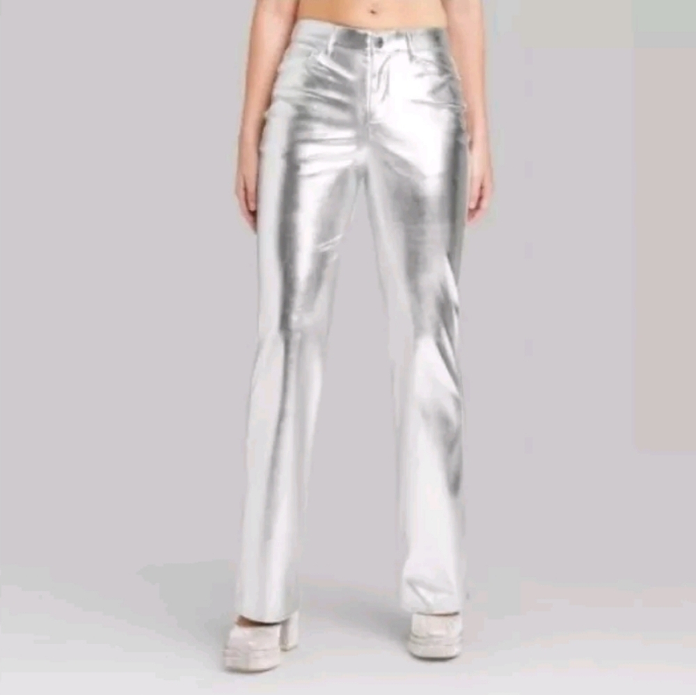 NWT Wild Fable Silver Faux Leather Flare Pants Sz. 0 Stretch Jeans